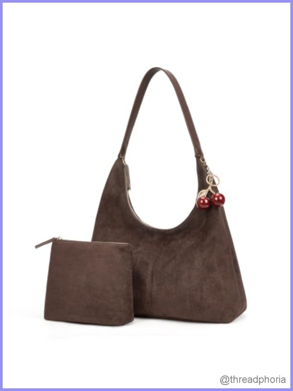 Slouchy Faux Suede Hobo Bag with Cherry Charm and Pouch